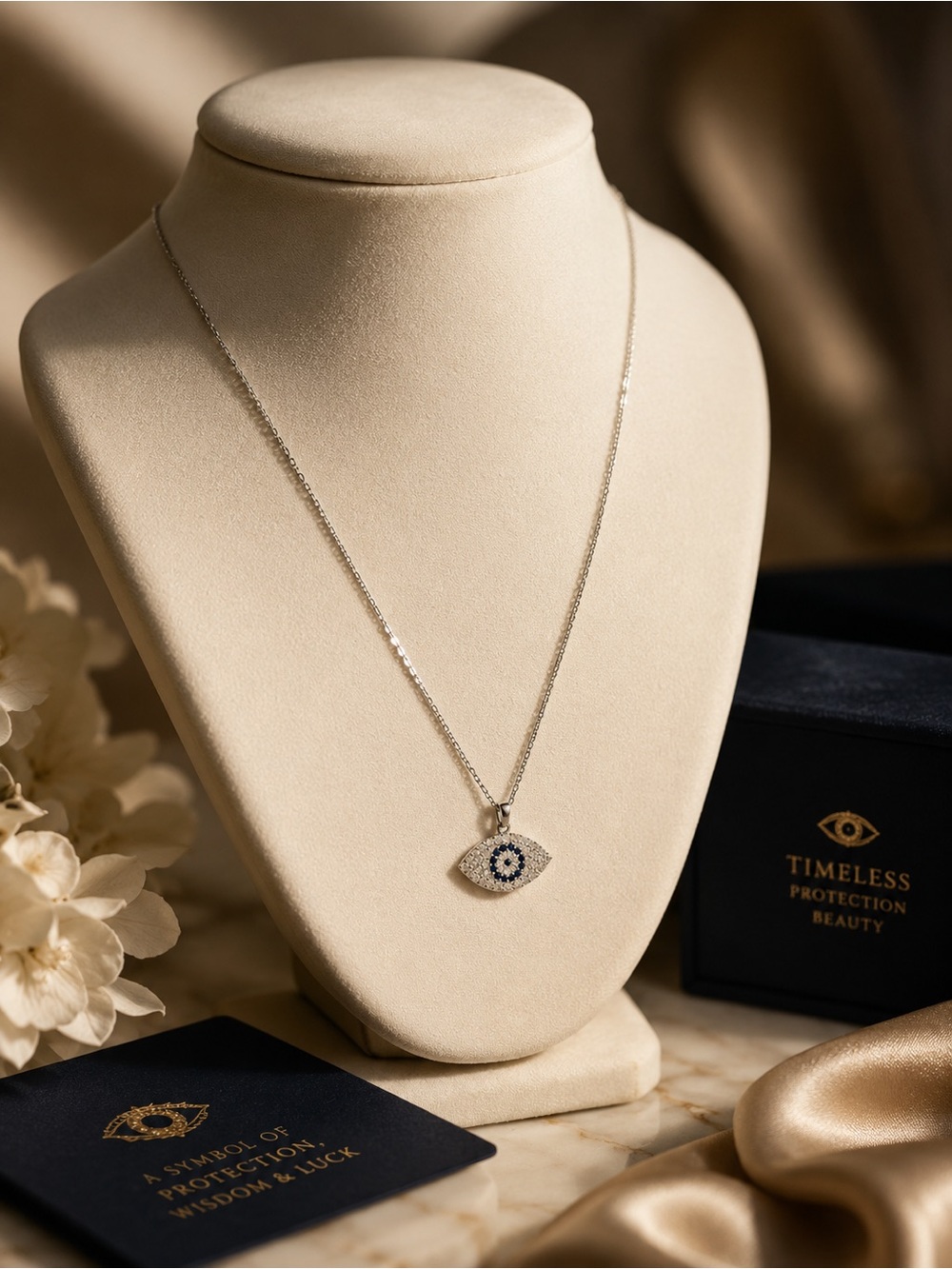 925 Sterling Silver Evil Eye Necklace CZ Pendant Cable Chain
